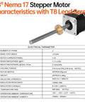 Nema 17 Stepper Motor With TR8x8 200mm Lead Screw T8 Thread 1.8 Degree Bipolar shown with electrical parameters.