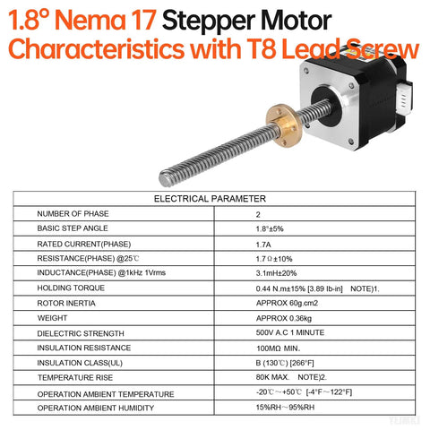 Nema 17 Stepper Motor With TR8x8 200mm Lead Screw T8 Thread 1.8 Degree Bipolar shown with electrical parameters.