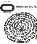 Built Tough Black Chain Link One Quarter Inch Twenty Foot Heavy Duty Hanging Chain for Plants Hammock Chair Porch Swing Gate Fence Outdoor Use Carbon Steel Construction coiled on white background with size dimensions shown.