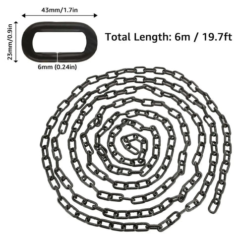 Built Tough Black Chain Link One Quarter Inch Twenty Foot Heavy Duty Hanging Chain for Plants Hammock Chair Porch Swing Gate Fence Outdoor Use Carbon Steel Construction coiled on white background with size dimensions shown.