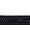 Premium Red Mechanical Gaming Keyboard Displaying Bold Per Key Full RGB Color Backlight And Responsive Keys, angled view with blue backlighting.