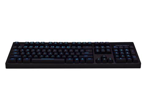 Premium Red Mechanical Gaming Keyboard Displaying Bold Per Key Full RGB Color Backlight And Responsive Keys, angled view with blue backlighting.