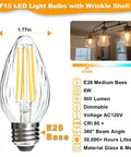 8W LED Porch Light Bulb Dimmable 2700K Warm White E26 Base Outdoor Post Light For Ceiling Fans And Lanterns Vintage Filament Wrinkle Glass 75W 80W Equivalent No Brainer 4 Pack, featuring bulb dimensions, features, and a lit ceiling fixture example