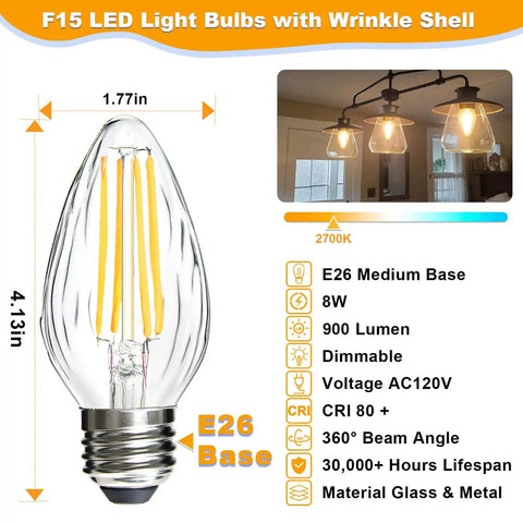 8W LED Porch Light Bulb Dimmable 2700K Warm White E26 Base Outdoor Post Light For Ceiling Fans And Lanterns Vintage Filament Wrinkle Glass 75W 80W Equivalent No Brainer 4 Pack, featuring bulb dimensions, features, and a lit ceiling fixture example