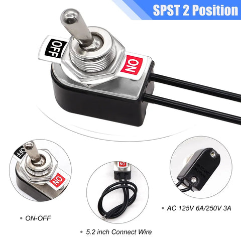 Two Pack SPST Toggle Switches Latching On Off Two Position Rocker Arm 6A AC125V And 10A DC12V With Beefy Wire Leads