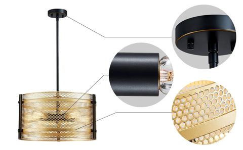 Farmhouse Drum Chandeliers Pendant Light Fixture With Gold Mesh Shade And Black Frame, details of 20 inch diameter and structure.