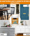Easy DIY Acrylic Wood Paint For Furniture Ivory White 32 Oz Semi Gloss Water Based Finish Non Toxic Odorless Eco Friendly Wood Surface Renovation shown with tables, door, cabinet, and dresser applications.