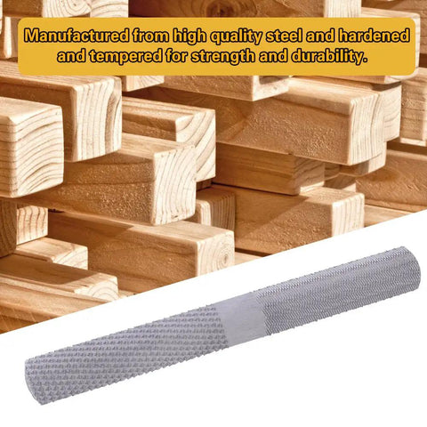 Eight Inch 4 Way Rasp File Forged From Toughened Carbon Steel Designed For Woodworking And Metalworking with wooden blocks in background.