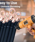 Hand holding heat gun near Heat Shrink Tubing Kit With 11 Sizes And 2 To 1 Shrink Ratio 580 Pcs In 6 Colors With Storage Case