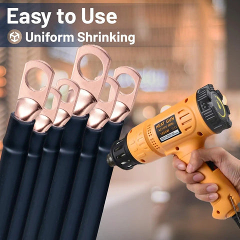 Hand holding heat gun near Heat Shrink Tubing Kit With 11 Sizes And 2 To 1 Shrink Ratio 580 Pcs In 6 Colors With Storage Case