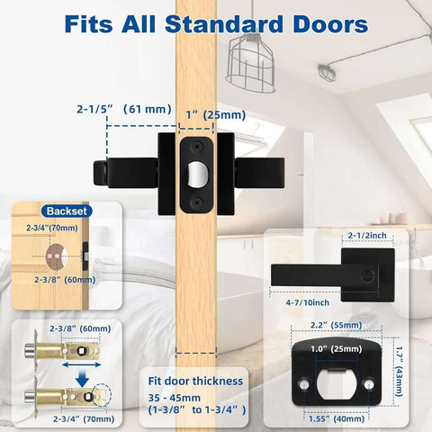 Diagram showing dimensions of Privacy Door Lock Set 10 Pack Matte Black Keyless Door Handles, fits standard doors, heavy-duty zinc alloy.