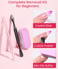 Jojoba Oil Nail Glue Remover For Press On Nails Acetone Free Gentle No Drama At Home Removal Kit with pusher and mini file buffer.