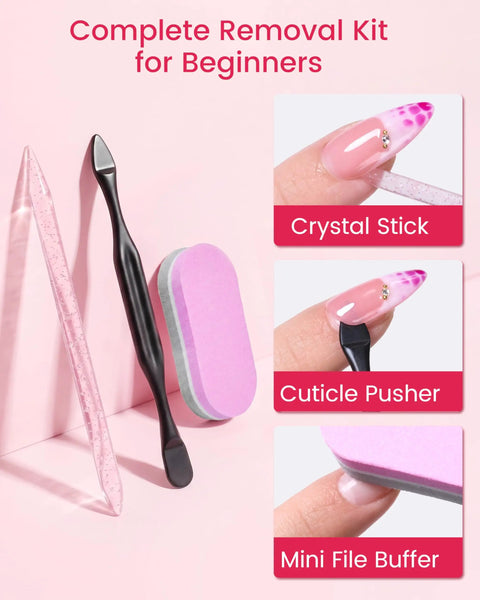 Jojoba Oil Nail Glue Remover For Press On Nails Acetone Free Gentle No Drama At Home Removal Kit with pusher and mini file buffer.