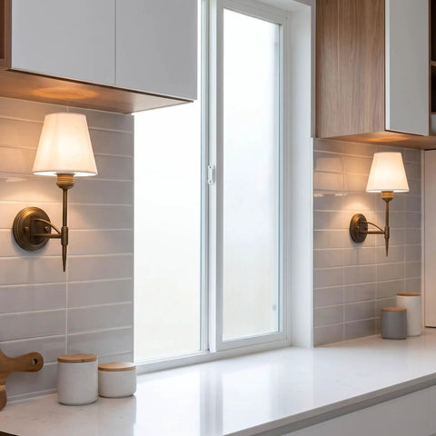 YS.ESUDSI Vintage Wall Sconces with White Fabric Shade Hardwired E26 Base installed on kitchen wall beside window.