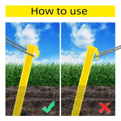 How to use Heavy Duty Plastic Tent Stakes 10 Pack For Camping shown with correct and incorrect grass anchoring methods.