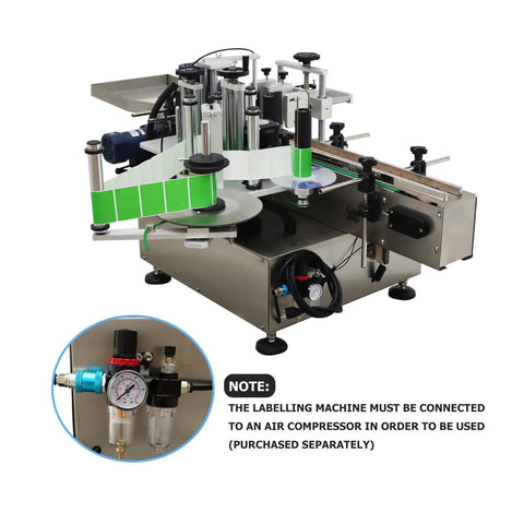 Premium Automatic Labeling Machine For Round Bottles High Speed Label Applicator with heavy duty conveyor chain and air compressor setup.