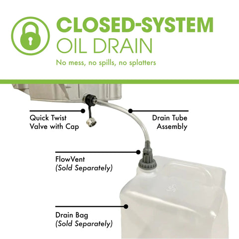 Closed-system oil drain with Mess Free Quick Twist Oil Drain Valve for DIY oil changes, quick twist valve, and tube assembly.
