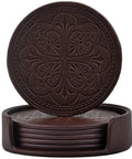Skip Those Pesky Water Marks On Your Wood Using These Straight Up Durable PU Leather Drink Coasters Set Of Six With Classy Rose Embossing And Heavy Duty Holder, showing embossed coasters stacked in holder.