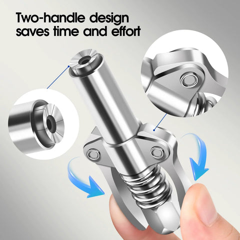 Close-up of metal dual-handle grease gun coupler with spring-loaded jaws for 1/8 in NPT fittings