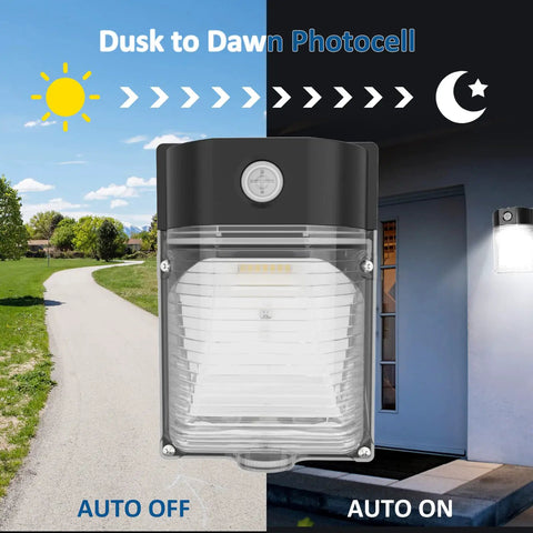 4 Pack 30W LED Wall Pack Lights With Dusk To Dawn Sensor, 3600 Lumen Output, displayed with day and night settings.