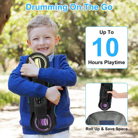 Child holding Roll Up Electric Drum Set With 9 Pads For Kids, MIDI Jam Ready Drum Pad Kit, portable with 10 hours playtime.
