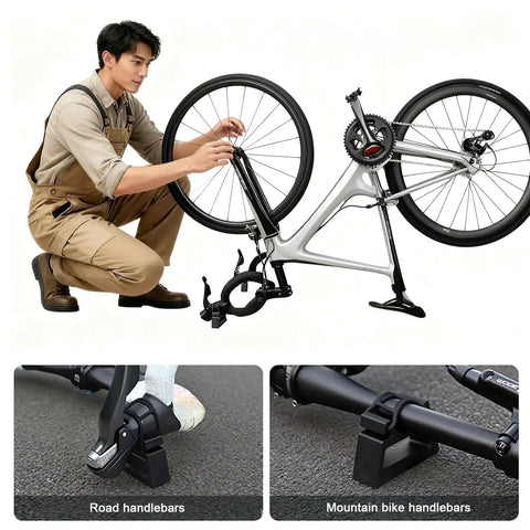 Man using Portable Clip On Bike Repair Stand 2 Pack Black With Quick Release Handlebar Support Fits 30 34mm Grips Heavy Duty For MTB Road And E Bikes Home Garage Outdoor
