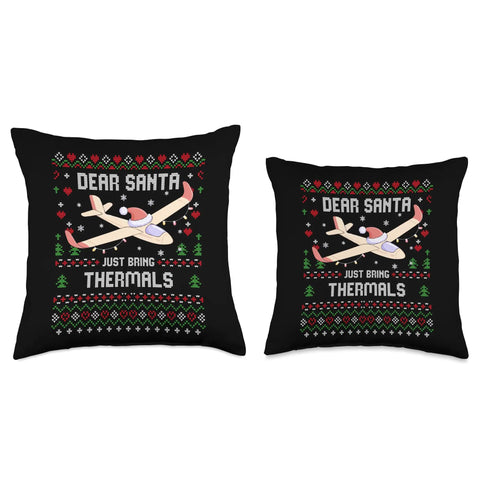 Ugly Christmas Glider Pilot Sweater Thermal Set And Soaring Throw Pillow For Aviation Fans Flight Instructors Cozy Holiday Gift Idea For Pilots And Crew featuring two black pillows with a festive glider print.