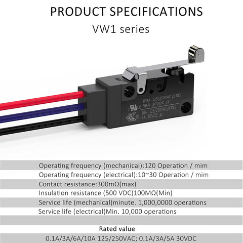 Waterproof Momentary Hinge Roller Lever Micro Switches With 30cm Lead 10A 125 To 250V NO NC COM IP67, product specifications.