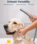 GRANDJOY 16" Dual Shower System with Handheld Spray, Brushed Nickel in use to wash a dog with a stainless steel hose.