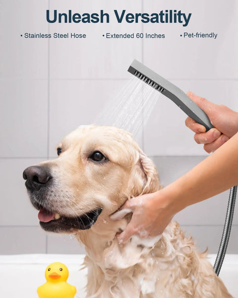 GRANDJOY 16" Dual Shower System with Handheld Spray, Brushed Nickel in use to wash a dog with a stainless steel hose.