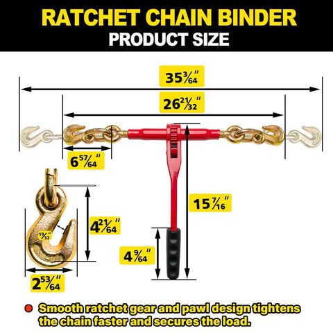Diagram of Heavy Duty Ratchet Chain Binder Three Eighths To One Half Inch With Clevis Hooks, showing dimensions and features.