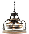 Industrial Farmhouse 17 Inch 3 Light Pendant Chandelier With Cage Shade Convertible Semi Flush Ceiling Light In Rustic Cedar Wood And Coarse Black Finish With Bold Vibe, showcasing chain and bulb details.