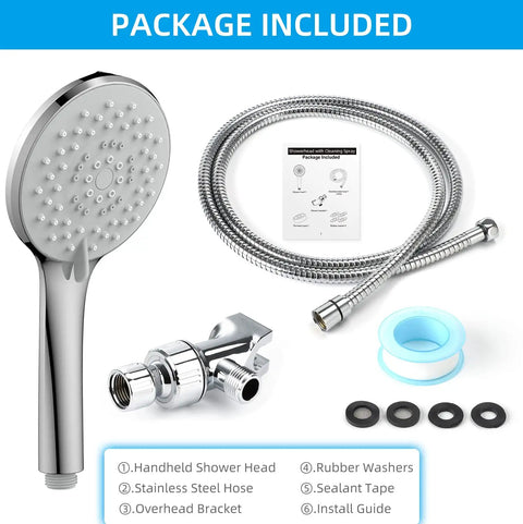 Five Function Handheld Shower Head With 70.8 Inch Stainless Steel Hose And Bracket Chrome Finish 4.7 Inch Hand Shower 6 Feet Hose Plumber Tape Easy Clean Power Wash Massage Rain Mix Mist