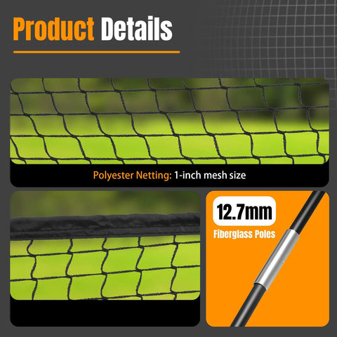 Close-up of 30 Ft Baseball Training Netting Cage's polyester netting and fiberglass poles for backyard practice.