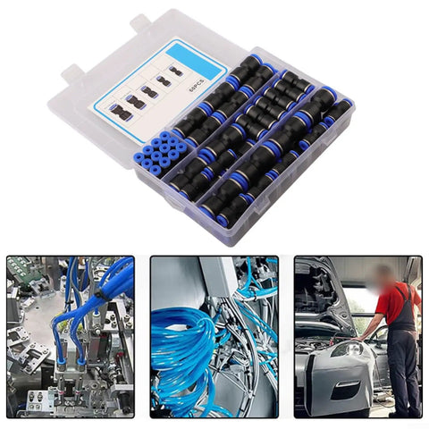Super Cool 60Pcs Pneumatic Push Connectors Kit With Quick Release Air Hose Fittings In 4mm To 12mm For Auto Repair And Woodworking Jobs Plus Durable Plastic Straight Adapters Assortment Set That Saves Time. 60pcs plastic air hose fittings in a storage case