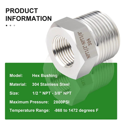 Five Pack Beefy Heavy Duty Forged 304 Stainless Steel Reducer Hex Bushing From Half Inch Male NPT To Three Eighths Inch Female NPT Industrial Pipe Fitting Adapters With Protective Case, 304 stainless 1/2 to 3/8 NPT
