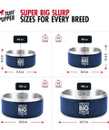 Hella Durable Double Wall Insulated Dog Bowl Made From Premium Stainless Steel Featuring A Slick Non Slip Bottom And Spill Proof Rim Design That Is Dishwasher Ready For Every Sized Pet In Cool Blue, sizes and measurements overview.