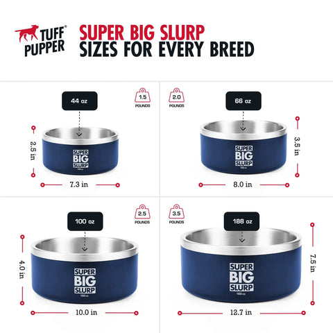 Hella Durable Double Wall Insulated Dog Bowl Made From Premium Stainless Steel Featuring A Slick Non Slip Bottom And Spill Proof Rim Design That Is Dishwasher Ready For Every Sized Pet In Cool Blue, sizes and measurements overview.