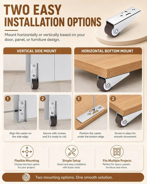 Heavy Duty Sliding Door Bottom Wheels With Thick Rubber Casters And Steel Core installation options, vertical and horizontal mounts.