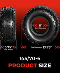 Go Kart Tire Set 145/70-6 Tubeless 4 Ply dimensions with 6 inch rim diameter and 5.75 inch tire width, product size details