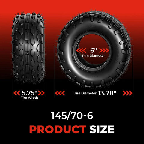 Go Kart Tire Set 145/70-6 Tubeless 4 Ply dimensions with 6 inch rim diameter and 5.75 inch tire width, product size details