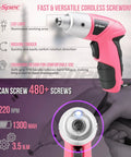 Pink Cordless Electric Screwdriver Kit For Quick Home Repairs And DIY, showing LED light, ergonomic handle, 220 RPM, 1300 mAh battery.