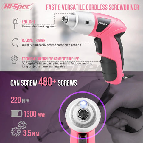 Pink Cordless Electric Screwdriver Kit For Quick Home Repairs And DIY, showing LED light, ergonomic handle, 220 RPM, 1300 mAh battery.