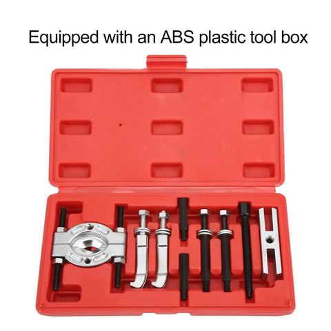Pro Grade Bearing Puller Set 9Pcs Portable Bearing Separator Kit in ABS plastic toolbox, showing metal splitter components