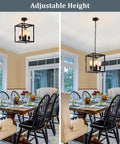 Black 4 Light Lantern Chandelier Farmhouse Vibe Pendant Light With Adjustable Height in dining room setting