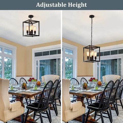 Black 4 Light Lantern Chandelier Farmhouse Vibe Pendant Light With Adjustable Height in dining room setting