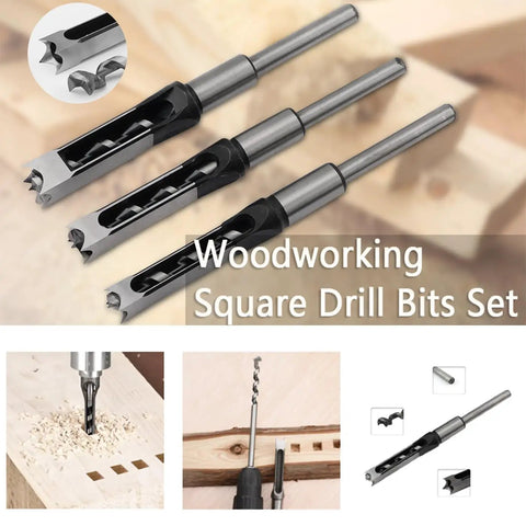 Pro Grade Three Piece Woodworking Square Hole Drill Bit Set With Mortising Chisels And Countersink Bits, High Carbon Steel