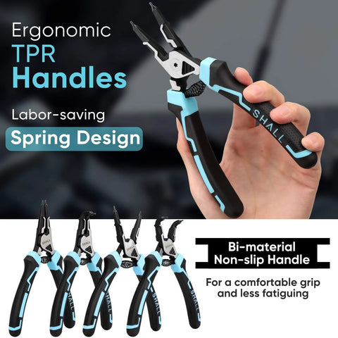 4-Piece Heavy Duty Snap Ring Pliers Set For 7 Inch Internal And External Circlip Pliers With 5/64 Inch Tip, ergonomic TPR handles.