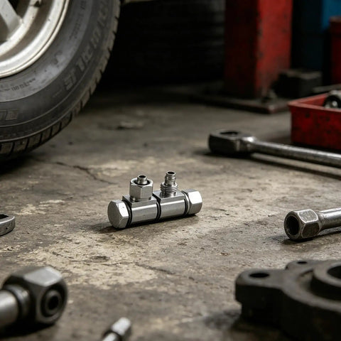 Air Valve Connector For Tire Changers, Steel Quick Release With 9.7mm Thread And 8mm Output, Leakproof Performance, Heavy Duty Tire Tool For Auto Shops And Pneumatic Tire Removal And Maintenance. Steel connector on workshop floor.