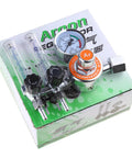 Argon Gas Regulator For Welding With Adjustable 0 To 25 MPa Pressure Gauge And Readout, two flow meters, on packaging box